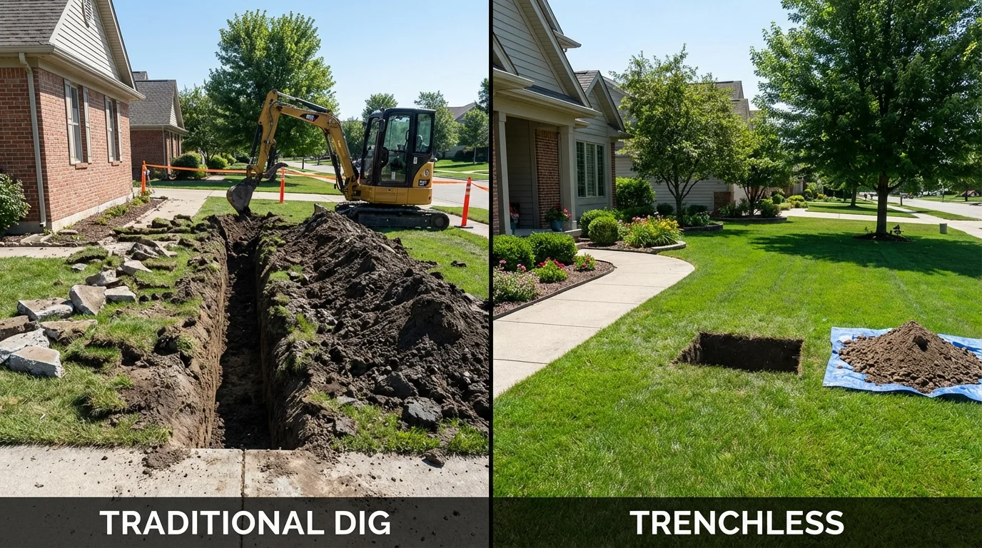 Trenchless sewer repair with minimal yard damage versus traditional excavation in Mount Vernon, IN