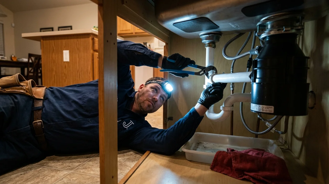 P-trap and supply line connections under a kitchen sink showing a common leak point in Mount Vernon, IN